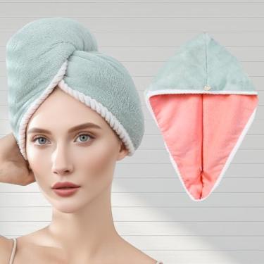 Imagem de Toalha de cabelo Toalha de secagem de cabelo com botão turbante cabeça para secar o cabelo rapidamente (rosa verde)