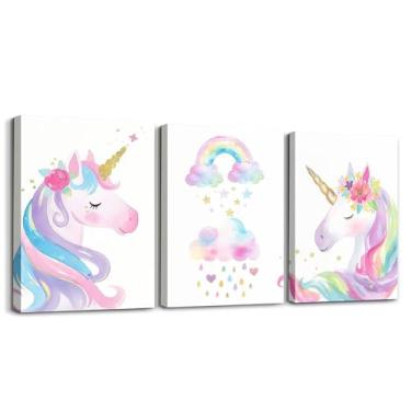 Imagem de Erosebridal Decoração fofa de unicórnio para quarto de meninas, pinturas com estampa de sonhos kawaii para berçário de crianças, presentes adoráveis, arte de parede em tela com flores de arco-íris