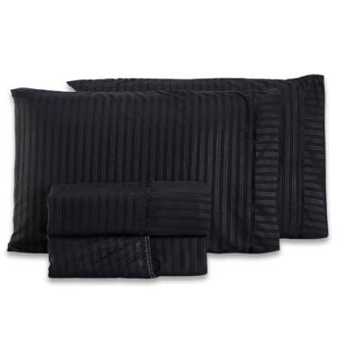 Imagem de Jogo de Cama Lençol SOLTEIRO Mônaco Fitado com Fronha 03 Peças - Tecido Listrado Percal Soft 300 Fios Acetinado Brilhante (Preto)