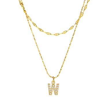 Imagem de Rockyu Colar feminino ouro bicamada inicial pingente zircônia cúbica letra inglesa corrente de aço inoxidável 40/45 cm (L)