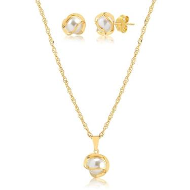 Imagem de Styllus Semijoias Conjunto de joias de pérola e ouro, colar elegante com pingente e brincos, acessórios de moda clássicos