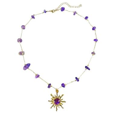 Imagem de ElegGlo Colar de sol roxo para mulheres, banhado a ouro 18K, pingente de sol boêmio, colar gargantilha de cristal de pedra natural, colar Rapunzel, colar de pedra do mês de nascimento, joias de Natal