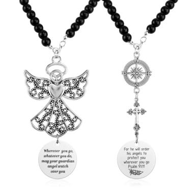Imagem de 2 peças de pingentes de carro pendurados com anjo e cruz para espelho retrovisor, salmo guardião 91:11 acessórios de enfeite de cabide retrovisor, pingente de proteção para carro, versículo bíblico