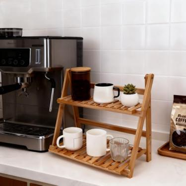 Imagem de Bgzdxhxyr Suporte de caneca de bambu, organizador de prateleira de copo de 2 camadas, organizador de estação de café, suporte matcha, prateleira de armazenamento de acessórios de chá, rack de