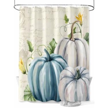 Imagem de Cortina de chuveiro de abóbora de outono, azul petróleo, branco, impermeável, lavável, conjunto de cortinas de banheiro para decoração de banheiro, 182 x 182 cm de comprimento, folhas de fazenda bege
