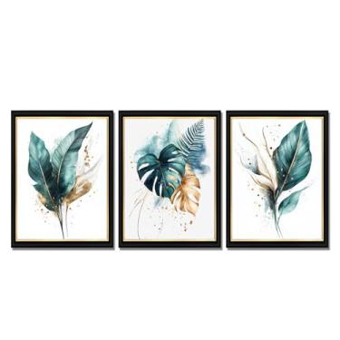 Imagem de Derkymo 3 peças de arte de parede com moldura preta para decoração de casa pintura abstrata folhas arte em tela folhas tropicais verdes impressões de arte de parede Monstera folha de palmeira imagem