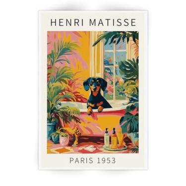 Imagem de SKINGE Arte engraçada de parede de banheiro de cachorro Henri Matisse Estética do quarto retrô rosa decoração dachshund na banheira pintura em tela obras de arte animal banheiro arte estética imagens