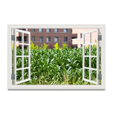 Imagem de LKXGRRSFG Overgrown With GrassArtistic Impressão em tela de ilusão de janela falsa, arte de parede com vista panorâmica real para sala de estar 60 x 75 cm sem moldura