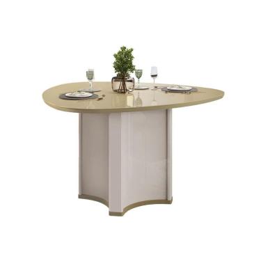 Imagem de Mesa Multiuso Cozinha C- Tampo Madeirado C- Vidro Orgânico 136x136cm Off White-dourado - Dj Móveis