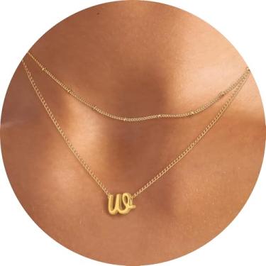 Imagem de Colar feminino com inicial em camadas, pingente de letra A-Z, gargantilha de corrente dupla, joias delicadas em camadas, estilo minimalista, 14+2in/16+2in, Aço inoxidável, Sem Pedra Preciosa