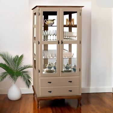 Imagem de Cristaleira De Madeira Espelho 2 Portas 3 Prateleiras 2 Gavetas Pés Luiz Xv - Amêndoa Laca Com Tampo E Base Imbuia Glaze