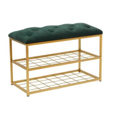 Imagem de Banco Sapateira 2 Andares Metal Dourado com Estofado Veludo Reforçado Puff(47x30x60cm)(verde musgo)