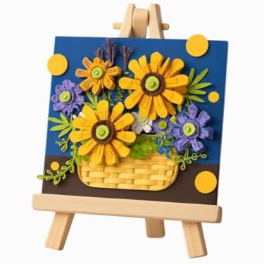 Imagem de Quadro Decorativo de Blocos de Montar com Flores Girassóis e Flores Roxas em 3D Base com Cavalete Arte em Exposição