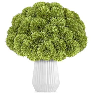 Imagem de LPREUTWN 36 peças de crisântemos artificiais flores verdes bola flor seda falsas mães flores para decoração de casa ao ar livre casamento arranjo floral mesa de dia de São Patrício centro de mesa