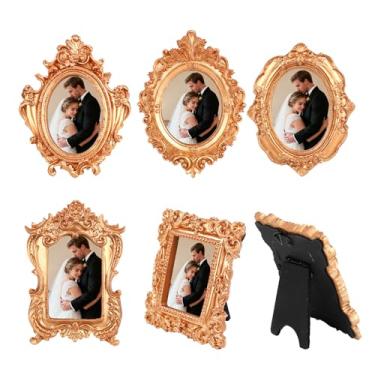 Imagem de 5 Mini Molduras Douradas, Pequenas Molduras Barrocas Antigas Vintage de Resina Pequeno Expositor de Fotos Retangular Oval Decoração em Miniatura para o Natal