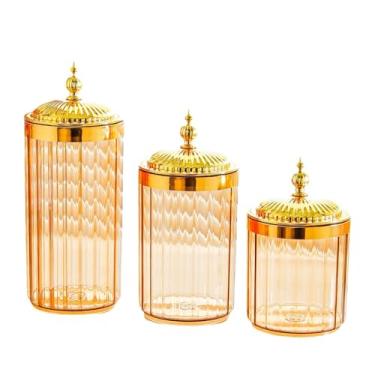 Imagem de Fenteer Conjunto de 3 Potes Organizadores de Alimentos com Tampas para Despensa, Ideais para Armazenar Doces e Outros Alimentos, Pote âmbar com Tampa Dourada