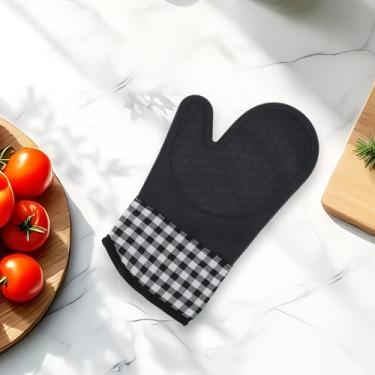 Imagem de Generic 1 luva de forno curta padrão xadrez resistente ao calor luva de forno lavagem à mão apenas pano de algodão de silicone preto 30 x 19 cm
