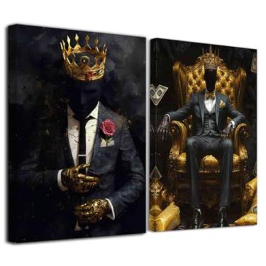 Imagem de ZXHYWYM 2 peças de arte de parede de homem negro imagens afro-americanas pinturas de coroa de ouro Afro Black King impressões em tela para homens quarto escritório decoração de parede presentes