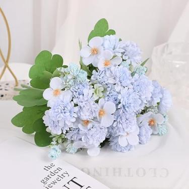 Imagem de Arranjo de flores de hortênsia artificial com flores de destaque, conjunto floral falso decorativo para decoração de casa e evento (azul)