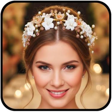 Imagem de Urieo Tiara de noiva com flores douradas, pérolas, strass, acessórios de cabelo para madrinha de casamento