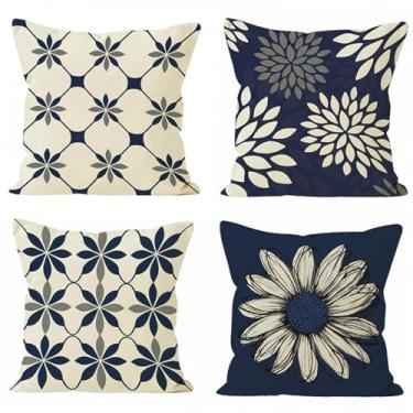 Imagem de Hopomoon Capas de almofada abstratas azul marinho para dália 45,7 x 45,7 cm, conjunto de 4, fronhas de poliéster azul e branco abstrato para sofá-cama, carro e atividades ao ar livre