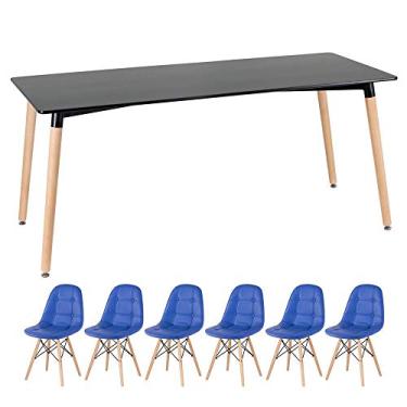 Imagem de Loft7, Kit Mesa retangular Eames 80 x 160 cm preto + 6 cadeiras Botonê Azul