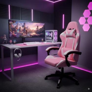 Imagem de Cadeira Gamer Ergonômica, Reclinável, Couro Sintético, Rosa e Branco