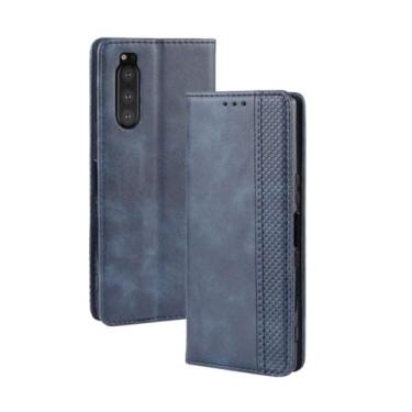 Imagem de Capa para Sony Xperia 5,Retro Flip magnético,Caso de telefone de couro PU,Design de carteira com 3 slots de cartão e 1 clipe de dinheiro -Blue