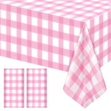 Imagem de Pacote com 2 toalhas de mesa xadrez rosa listradas, capas de mesa retangulares de plástico descartáveis, 137 x 272 cm, toalhas de mesa rosa quadriculadas rosa e branco à prova d'água para piquenique