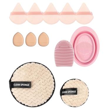 Imagem de Conjunto de ferramentas de maquiagem de 12 peças, incluindo puffs de pó soltos, mini almofadas de almofada, puffs de remoção de maquiagem, esponja de limpeza de escova e tigela de limpeza de pincel