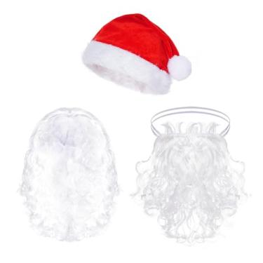 Imagem de baotongle Conjunto de 3 peças de peruca de chapéu de Papai Noel para adultos, acessórios de fantasia de Papai Noel, alça elástica macia, barba, chapéu vermelho clássico, peruca branca fofa, perfeita