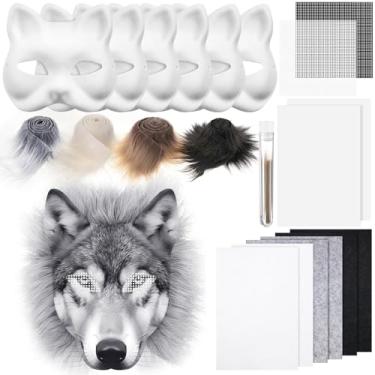 Imagem de Seenelling 18 Pcs Therian DIY Wolf Costume Mask Set Including Blank Wolf Mask Plush Faux Fur Fabric Felt Fabric Sheet Plastic Mesh Sheet Therian Gear for Halloween Furry Mask Accessory