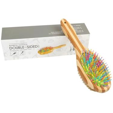 Imagem de Escova para cuidados com vários animais de estimação, massagem de silicone dupla face e cerdas, cabo de bambu, qualidade de lúpulo para gatos e cães