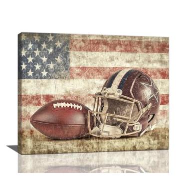 Imagem de Arte de parede de pôsteres de futebol, decoração de parede em tela com bandeira americana, pintura vintage de futebol e capacete, arte esportiva para meninos quarto sala de estar 50 cm x 40 cm L
