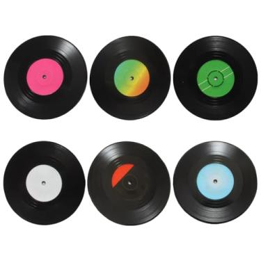 Imagem de 6 porta-copos retrô para discos de vinil, tapetes antiderrapantes com tema musical, conjunto de abdômen de 10 cm, perfeito para amantes de música e colecionadores