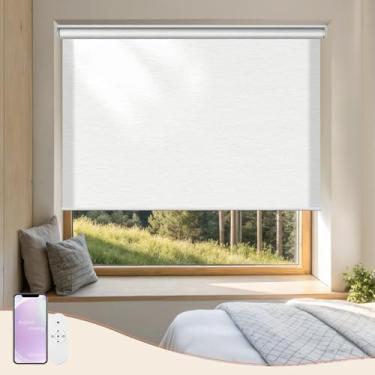 Imagem de Heefen Persianas motorizadas com controle remoto de aplicativo, cortinas de rolo de filtragem de luz para janelas internas (jacquard branco, 76 cm L x 182 cm A)