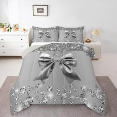 Imagem de Conjunto de edredom cinza com nó de laço, diamante com glitter cinza, fita fofa em aquarela, estilo princesa sonhadora, cinza, tamanho casal para decoração de quarto de meninas