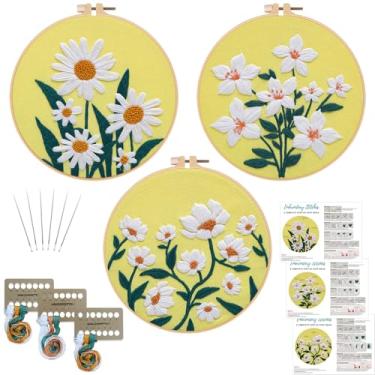 Imagem de Louise Maelys 3 conjuntos de kits de bordado de flores para iniciantes, kit de ponto cruz para adultos, ponto de agulha DIY para iniciantes, incluindo padrão floral, argola, instruções e linhas