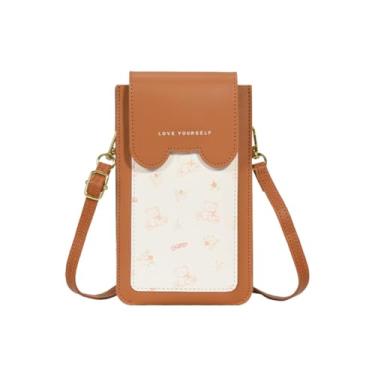 Imagem de Bolsas de telefone pequenas bolsas transversais femininas de couro da moda urso fofo compartimento triplo tela sensível ao toque com bloqueio RFID transversal, Marrom, Medium