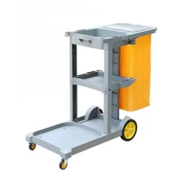 Imagem de Carrinho de limpeza comercial de 3 prateleiras com capa e saco de vinil, carrinho de limpeza de plástico, carrinho de limpeza sobre rodas (cinza)