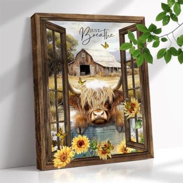 Imagem de Bawpkn Decoração de parede rústica de casa de fazenda arte de parede em tela de vaca highland girassol vaca highland imagens vintage decoração de banheiro arte de parede de banheiro ocidental 30,5 x