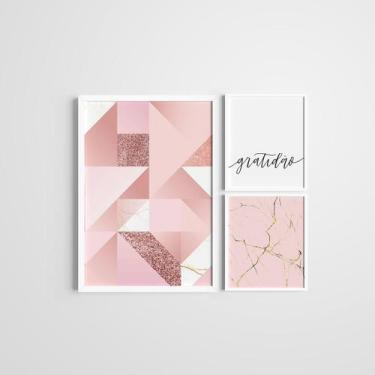 Imagem de Kit 3 Quadros Moldura Branca Rosa Gratidão 20X30Cm E 40X60Cm - Plimsho
