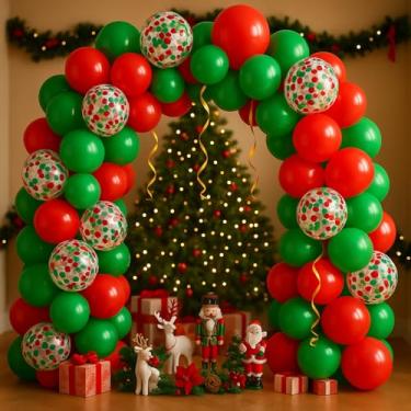 Imagem de Kit de guirlanda de balões de Natal com 189 peças, balões de látex vermelhos e verdes, balões de confete, ferramentas de gravata de balão, fita de fita de balão, pontos adesivos, clipes de balão e fitas de balões