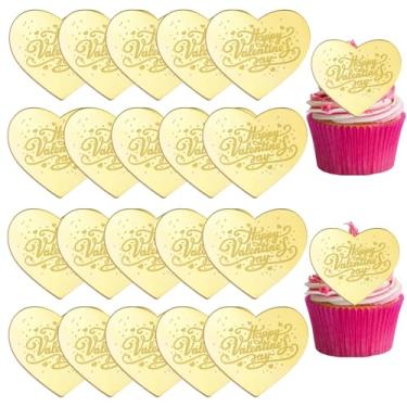 Imagem de 20Pcs Happy Valentine's Day Cake Toppers, Heart Shaped Acrylic Glitter Gold Mirror Cupcake Toppers Cake Dessert Decoration for Valentines Wedding Anniversary Engagement Baking Party Supplies
