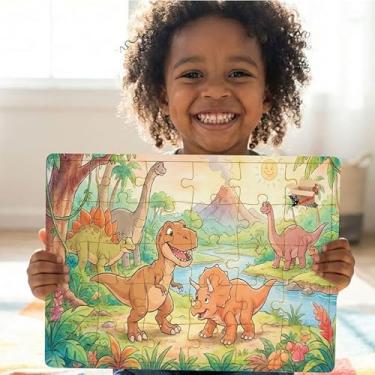 Imagem de Quebra Cabeça Infantil De Madeira Pedagógico Jogo Educativo Bebê Coordenação Motora Fina (Dinos)