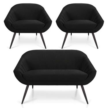 Imagem de Kit 01 Namoradeira 02 Lugares E 02 Poltronas Giovana Veludo Preto Pés Palito De Ferro