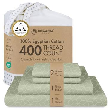 Imagem de Threadmill Home Linen Lençóis de 400 fios Jacquard Cadence 100% algodão egípcio, lençóis tamanho casal verde sálvia damasco, conjunto de 4 peças, roupa de cama luxuosa, serve para colchão de bolso