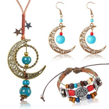 Imagem de Tondiamo Conjunto de 3 peças de joias boho ocidental para mulheres boêmio turquesa colar de lua em camadas pulseira brincos acessórios vintage ajustáveis joias presente para mulheres