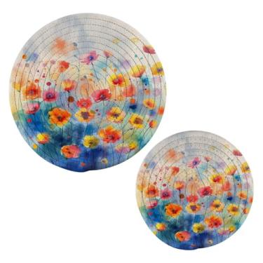 Imagem de Blueangle 2 peças de suporte de panela trivet colorido para pintura em aquarela - conjunto de pegadores de panela de tecido redondo - almofadas quentes trançadas de algodão - porta-copos - tapetes de