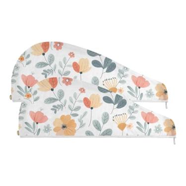 Imagem de SEHANY Toalha de cabelo de microfibra de flores coloridas elegantes para mulheres, 2 peças, turbantes de cabelo de secagem rápida com botão, touca de cabelo seco absorvente toalha de secagem de cabelo